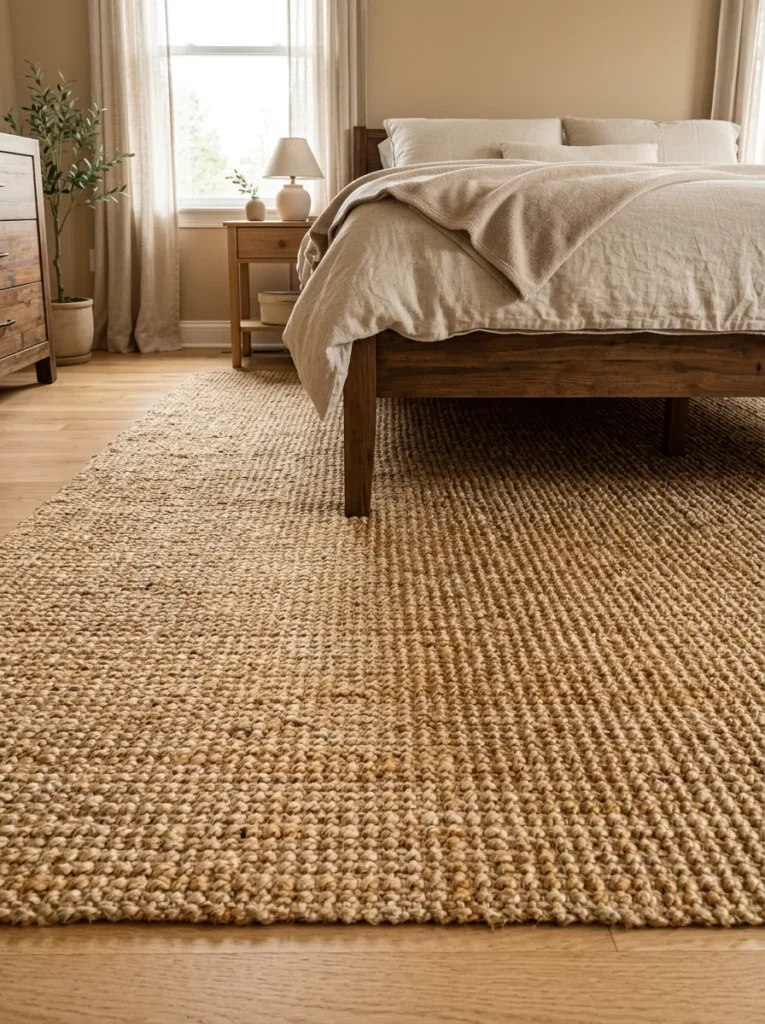 Large jute rug extending generously beyond the bed in a beige bedroom, warm honey tones matching the overall palette
