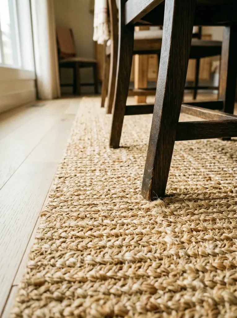 Close floor-level view of a natural jute rug in a dining room showing the flat woven honey-toned fiber texture with dark oak chair legs resting on the surface
