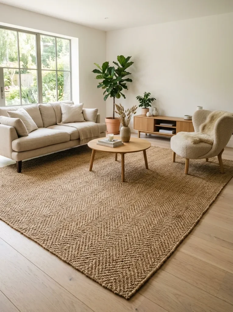 Large woven jute rug anchoring a white living room seating area, with sofa and chair legs resting on the rug edge
