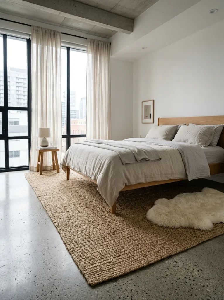  Large undyed jute area rug beneath a bed layered over with a small sheepskin at the bedside