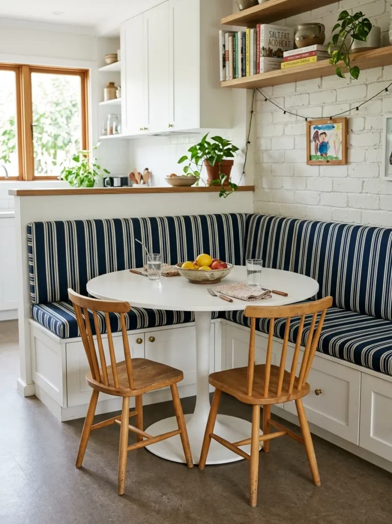 Family kitchen banquette with navy stripe cushions, visible bench storage fronts, and a round white table