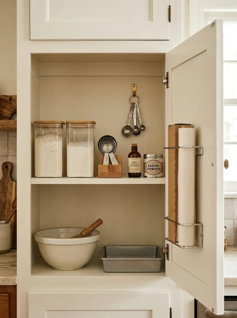 Kitchen cabinet organized as a complete baking zone with flour and sugar containers, measuring cups and spoons, vanilla, baking powder, mixing bowl, and parchment paper in one location

