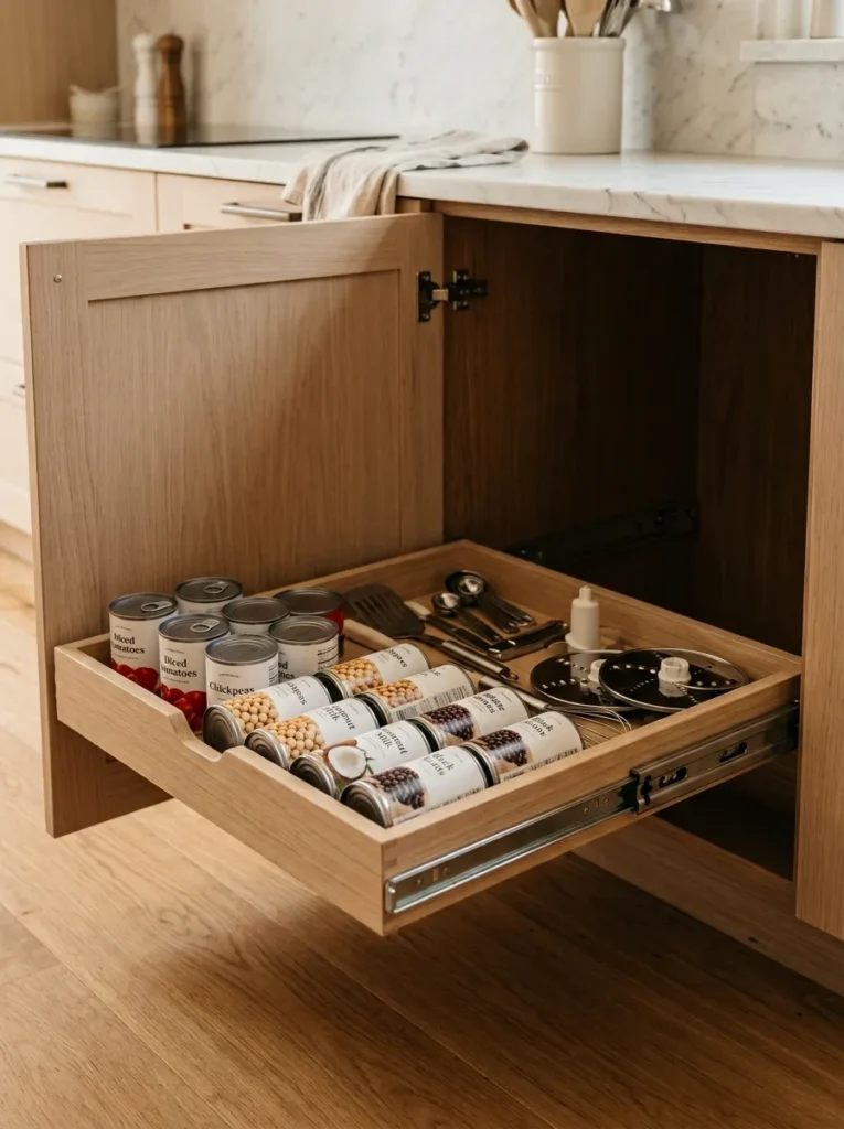 Kitchen base cabinet with a pull-out tray fully extended forward, revealing its contents of canned goods and kitchen accessories at accessible height from the deep cabinet
