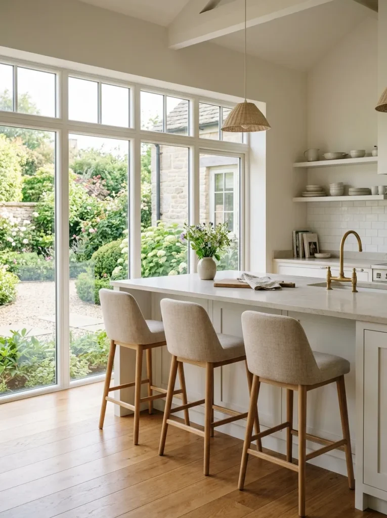 Kitchen peninsula with three bar stools facing a large window, morning light streaming in over the pale stone countertop
