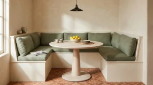 L-shaped white built-in banquette with sage cushion, round wood pedestal table, and terracotta tile floor in a kitchen breakfast nook