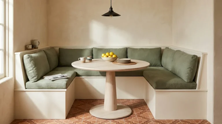 L-shaped white built-in banquette with sage cushion, round wood pedestal table, and terracotta tile floor in a kitchen breakfast nook