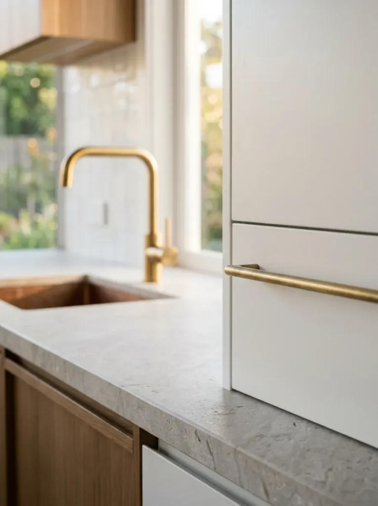 Close-up of a brushed brass cabinet handle on a white flat-front kitchen door with a brushed brass tap visible in the background