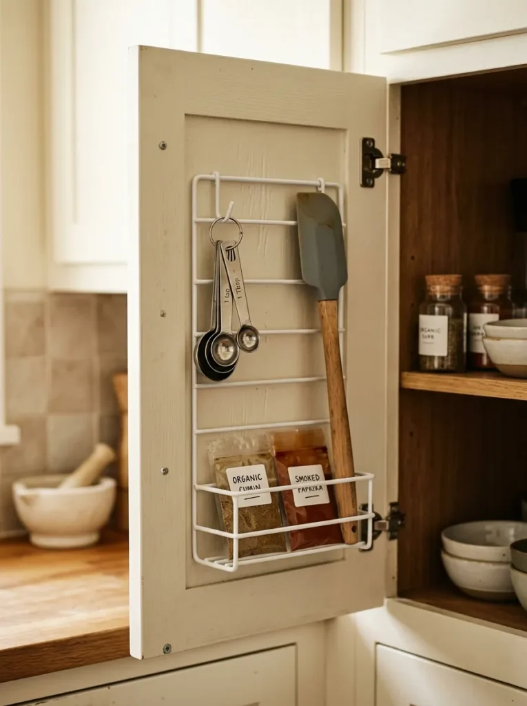 Inside of a kitchen cabinet door with a white wire door-mounted rack holding measuring spoons, a silicone spatula, and small flat items, with the door clearance gap visible
