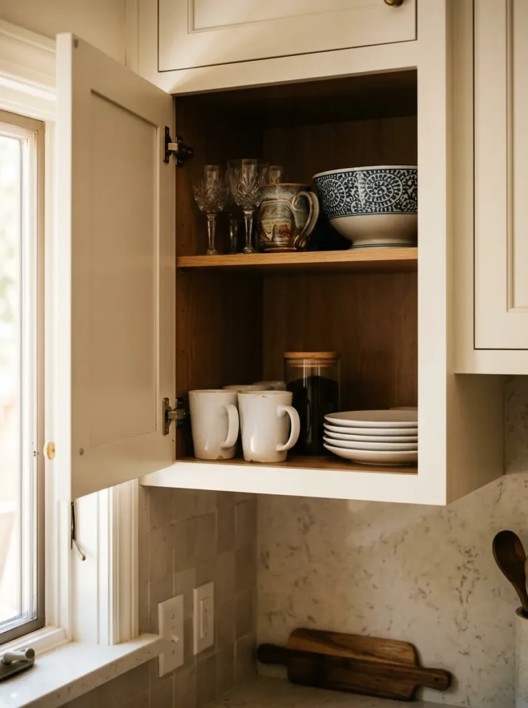 Kitchen upper cabinet organized by frequency of use, with daily mugs, plates, and coffee jar at the accessible bottom shelf and infrequently used items on the top shelf

