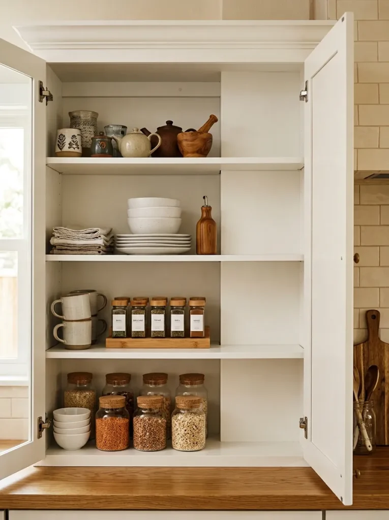 Open kitchen upper cabinet with organized contents occupying about 70 percent of each shelf and intentional empty space visible at one end of every shelf
