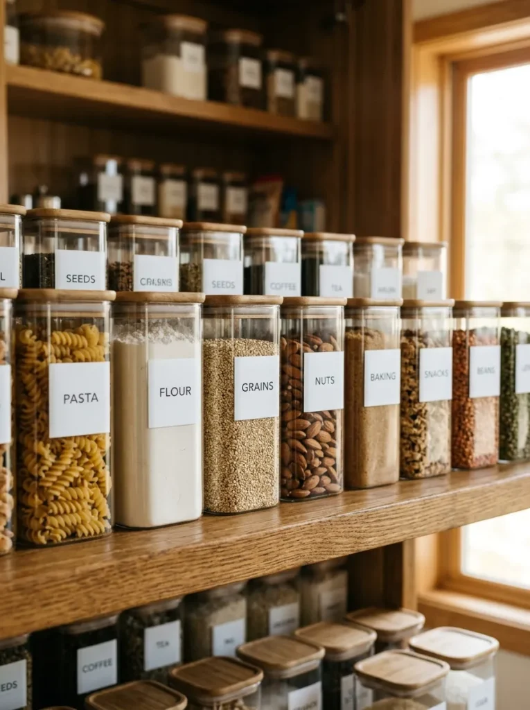 Close-up of a kitchen pantry shelf with square clear containers each labeled with neat printed white vinyl labels, showing the labeling system that maintains organization
