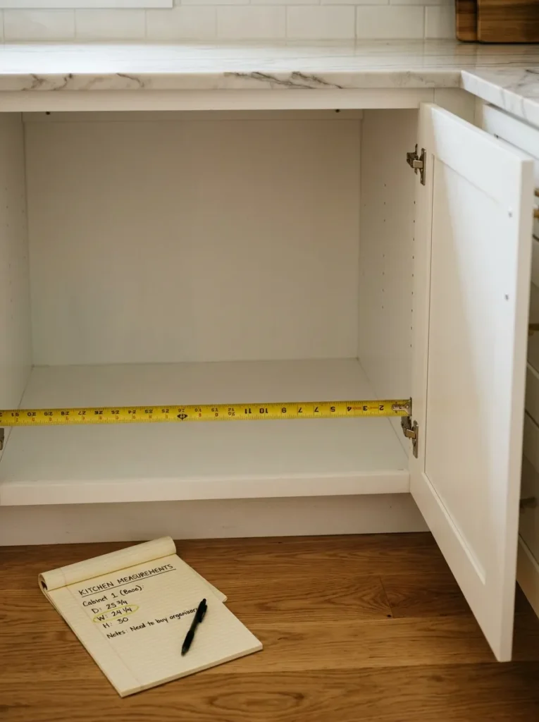 A measuring tape extended inside an empty kitchen cabinet showing interior width measurement, with a notepad of measurements beside it on the floor

