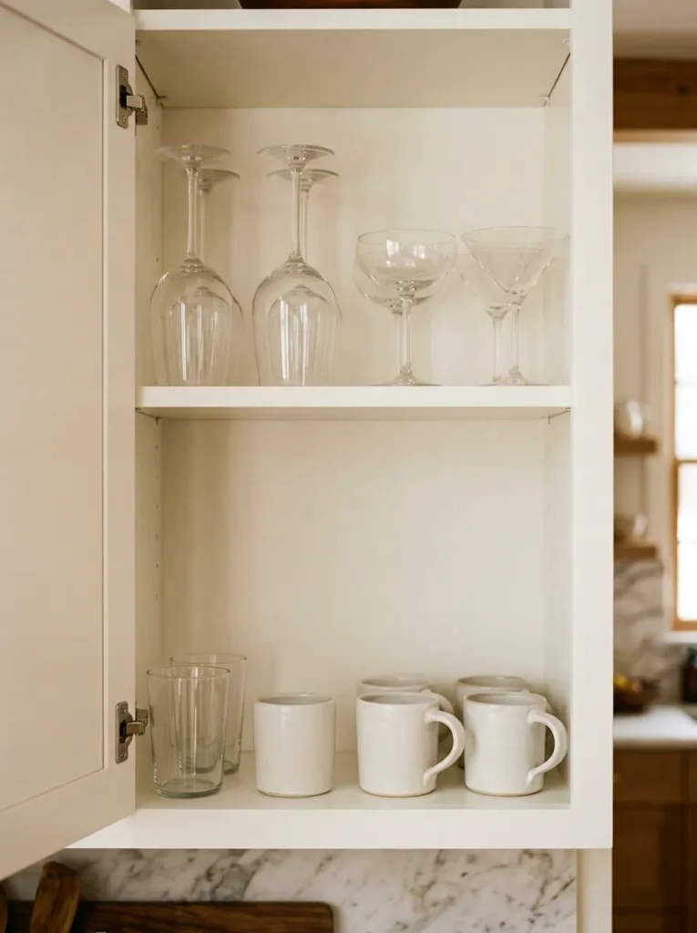 Open kitchen cabinet with everyday drinking glasses and mugs in the front accessible position and specialty cocktail and wine glasses on the upper shelf at the back
