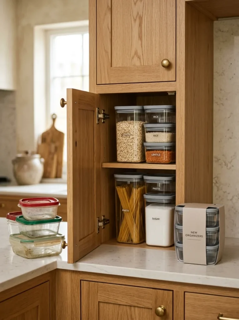 Kitchen lower cabinet with a new set of containers on the counter beside it and a stack of older mismatched containers being removed, illustrating the one-in, one-out exchange
