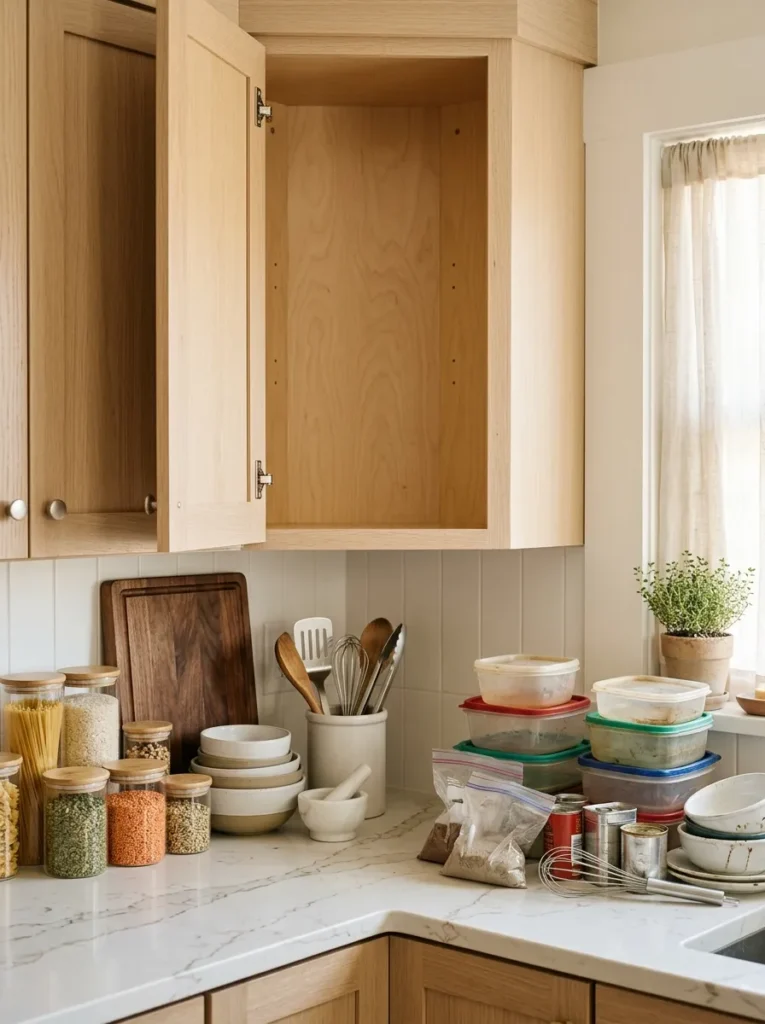 Kitchen cabinet contents laid out on the counter in two groups — items being kept on the left and items being removed on the right — with the empty cabinet visible in the background
