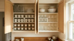 Two organized kitchen upper cabinets with shelf risers creating double levels, vertical plate rack, uniform clear containers, and graduated mixing bowl nesting