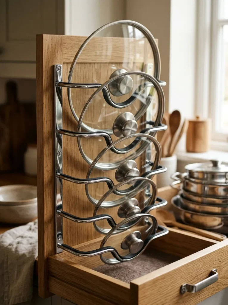 Chrome vertical pot lid rack holding five stainless steel lids of varying sizes in individual rubber-edged slots, each individually accessible
