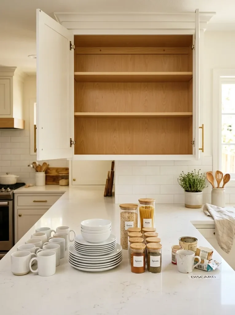 Kitchen counter with cabinet contents sorted in organized groups during a quarterly reset, with the empty wiped cabinet visible open in the background
