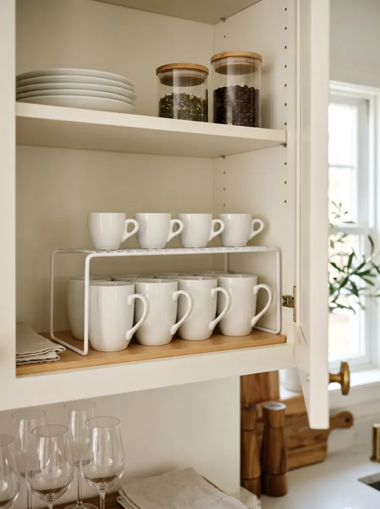 Kitchen upper cabinet with a coated wire shelf riser creating two levels — white ceramic mugs on the bottom level and espresso cups on the riser level
