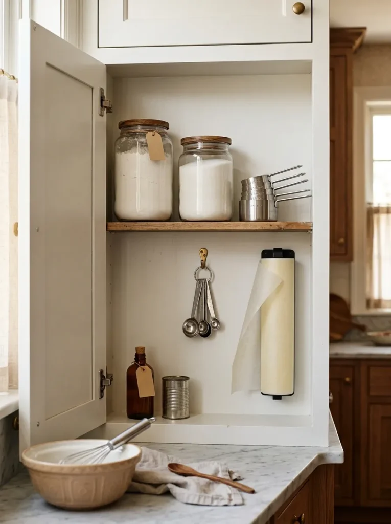 Kitchen cabinet organized as a baking zone with measuring cups, measuring spoons, flour and sugar containers, vanilla, baking powder, and parchment paper grouped together by task
