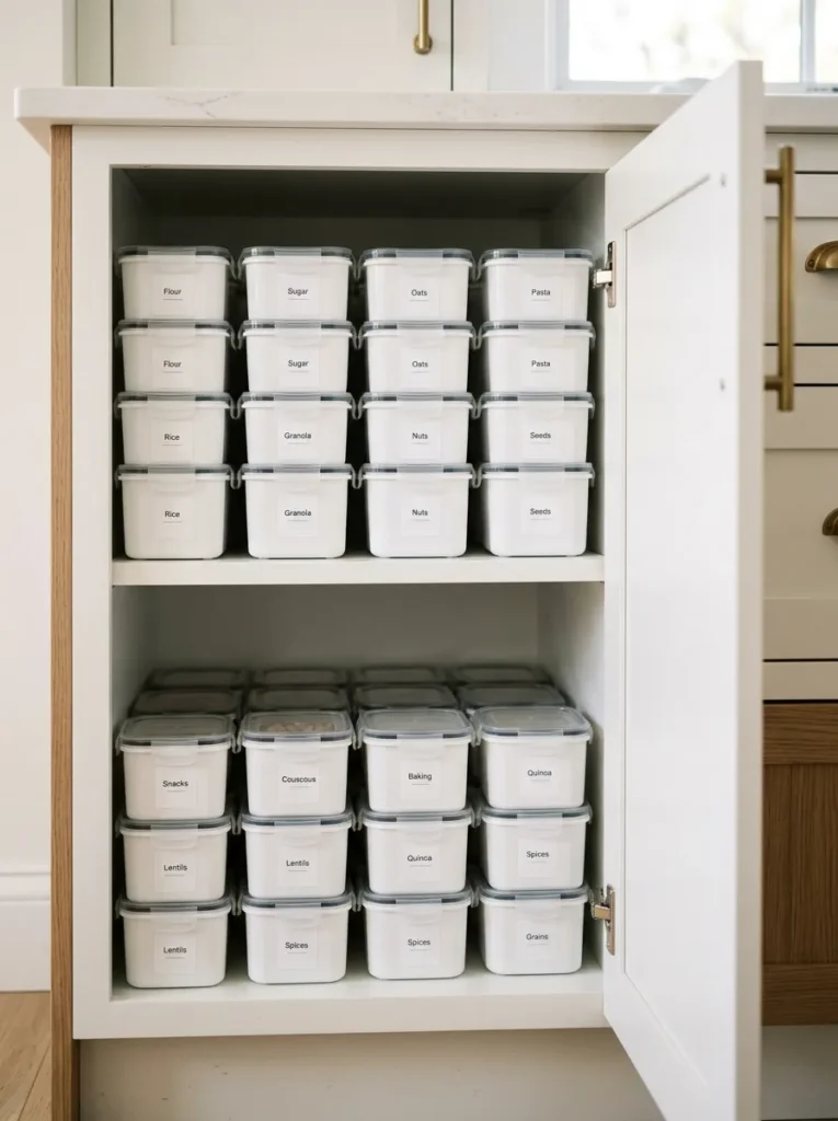 Kitchen base cabinet with two shelves of matching white rectangular storage containers all in the same style, aligned in rows for a visually calm and organized interior
