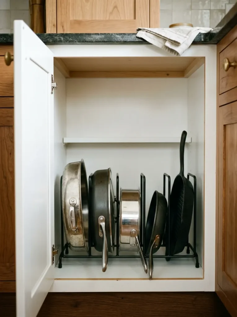 Kitchen base cabinet with a coated metal vertical pan organizer holding a skillet, sauté pan, saucepan, small skillet, and grill pan each upright in individual slots

