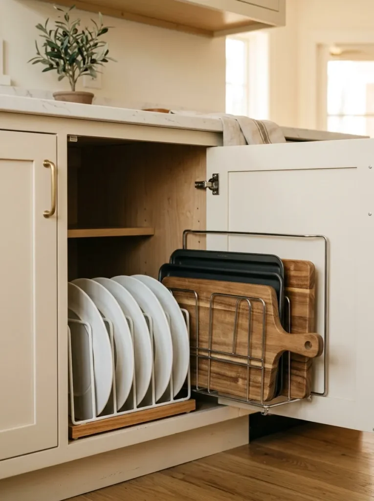 Kitchen base cabinet with a vertical plate rack holding white dinner plates and a file-style organizer holding sheet pans and a cutting board upright and individually accessible

