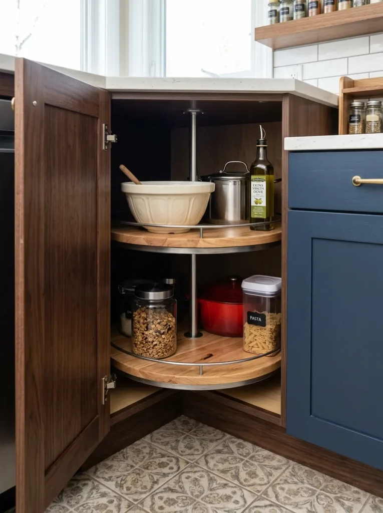Open base corner cabinet showing a two-tiered lazy Susan turntable holding pots, bowls, and pantry items — all accessible
