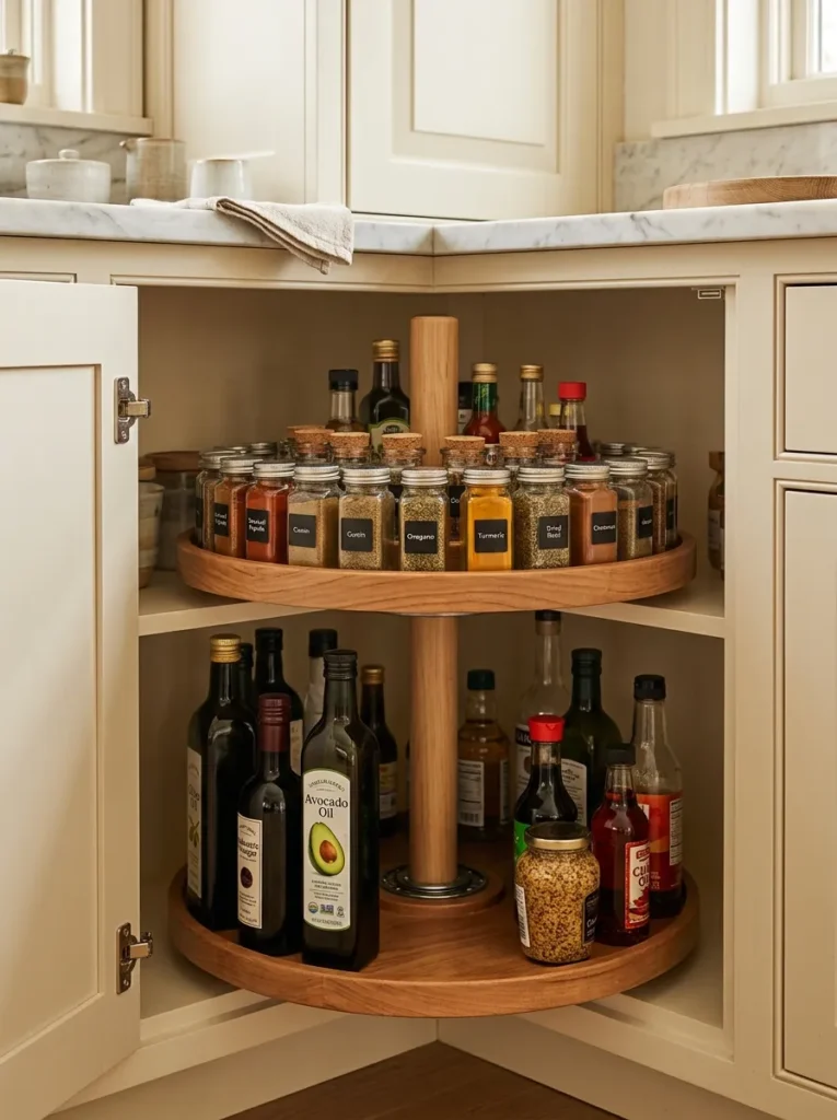 Kitchen corner cabinet with a two-tier round lazy Susan turntable holding spice jars on the upper tier and oil and vinegar bottles on the lower tier
