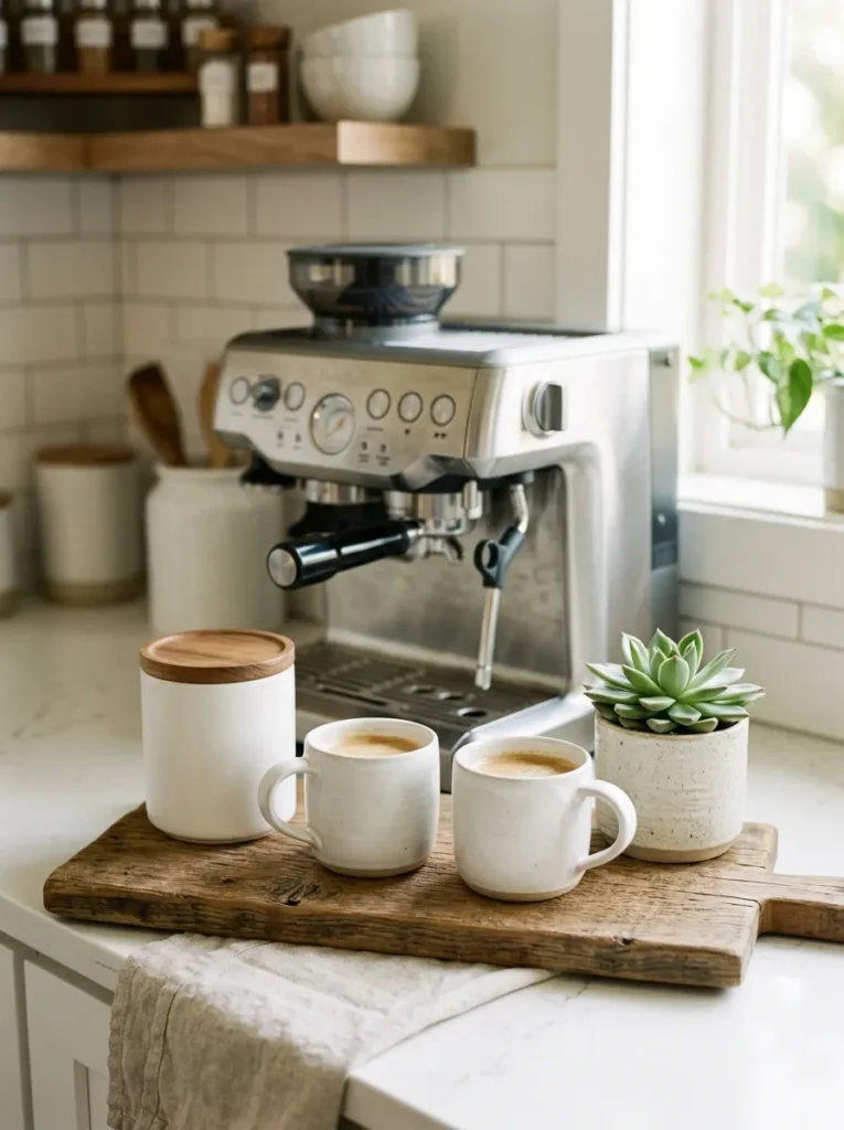 Kitchen counter coffee station styled as a deliberate vignette on a wooden board — a coffee maker at the back, two matching ceramic mugs, a lidded coffee canister, and a small succulent plant as the vertical accent