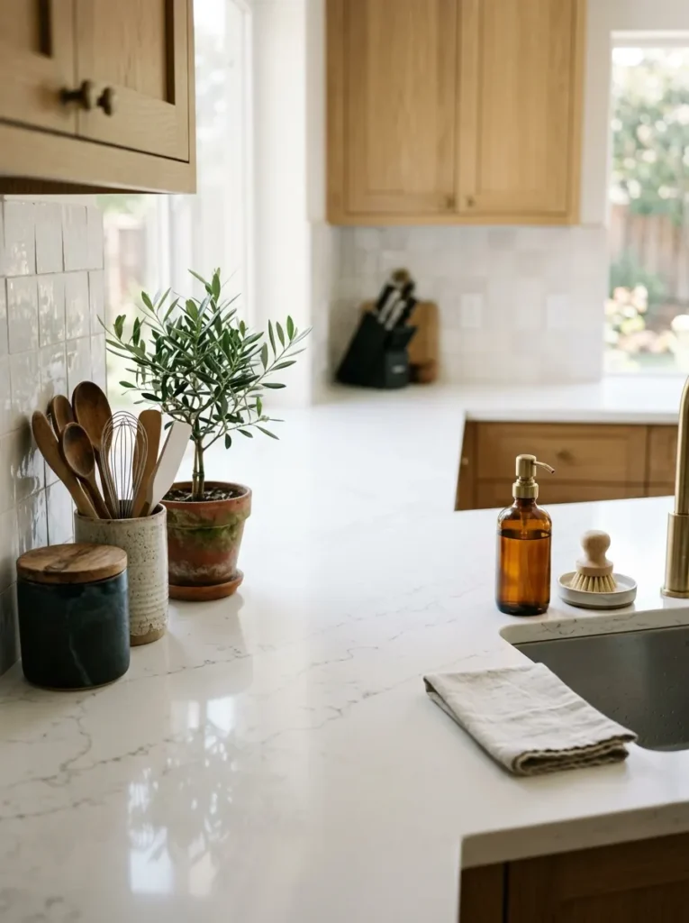 Kitchen counter with a styled arrangement on the left, a sink area on the right, and the full center third left completely clear as a deliberate visual rest in the counter composition