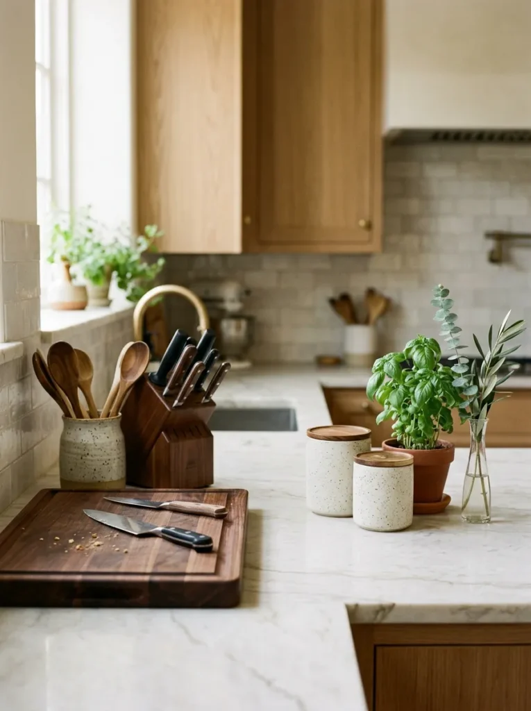 Kitchen counter with a clearly defined working zone on the left holding a cutting board and utensil holder, and a display zone on the right with matching canisters and a potted herb, separated by clear counter space