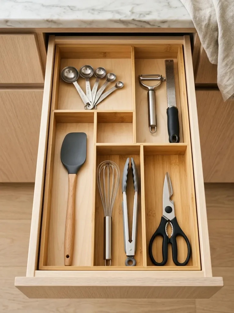 Open kitchen drawer with expandable bamboo dividers creating six dedicated sections for measuring spoons, peelers, spatulas, tongs, a whisk, and kitchen shears
