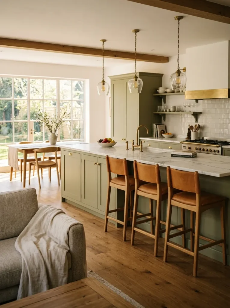Large kitchen island with three leather-seat bar stools on the dining-facing side, with a separate dining table visible beyond in an open plan layout