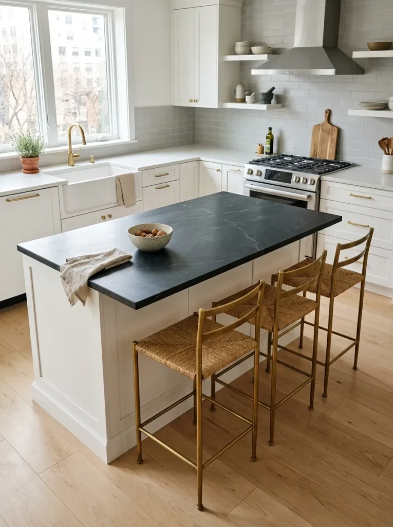 White kitchen island with a stone top and three bar stools serving as the primary dining table