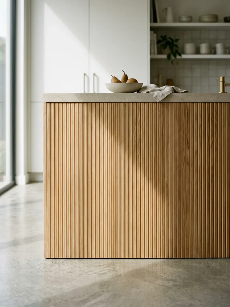 Kitchen island front with vertical fluted ash wood panels catching directional side light, topped with pale honed stone
