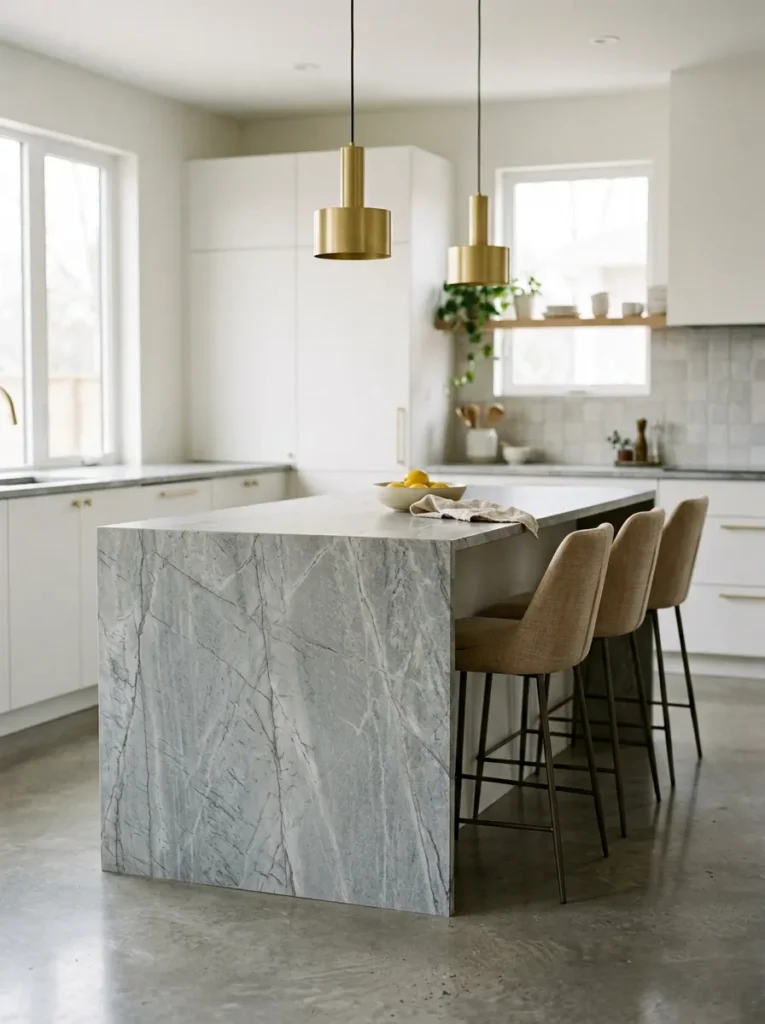 Kitchen island with a honed grey quartzite waterfall edge, brass pendants above, and linen bar stools on the far side
