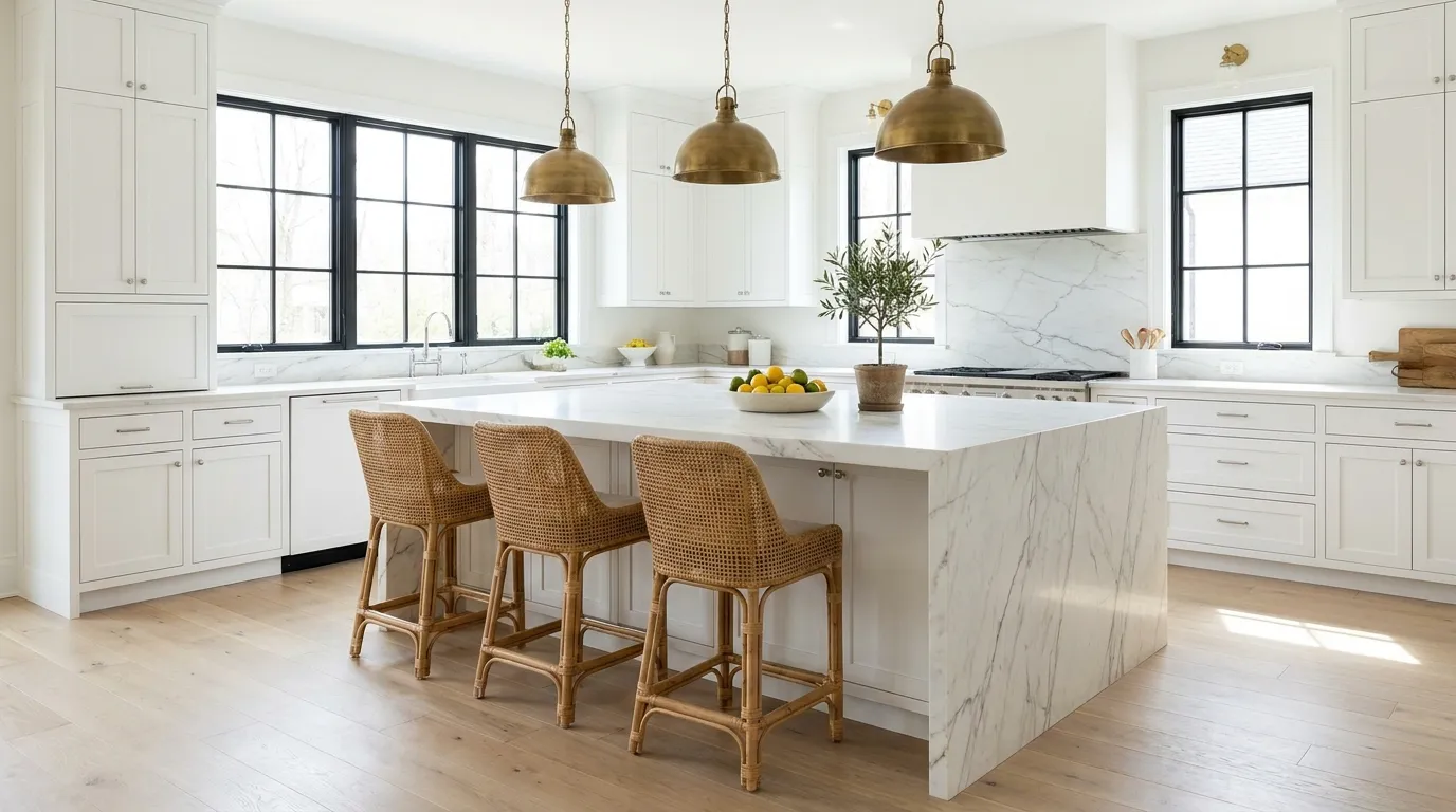 Large kitchen island with a marble waterfall edge, brass pendants, and woven bar stools in a white kitchen