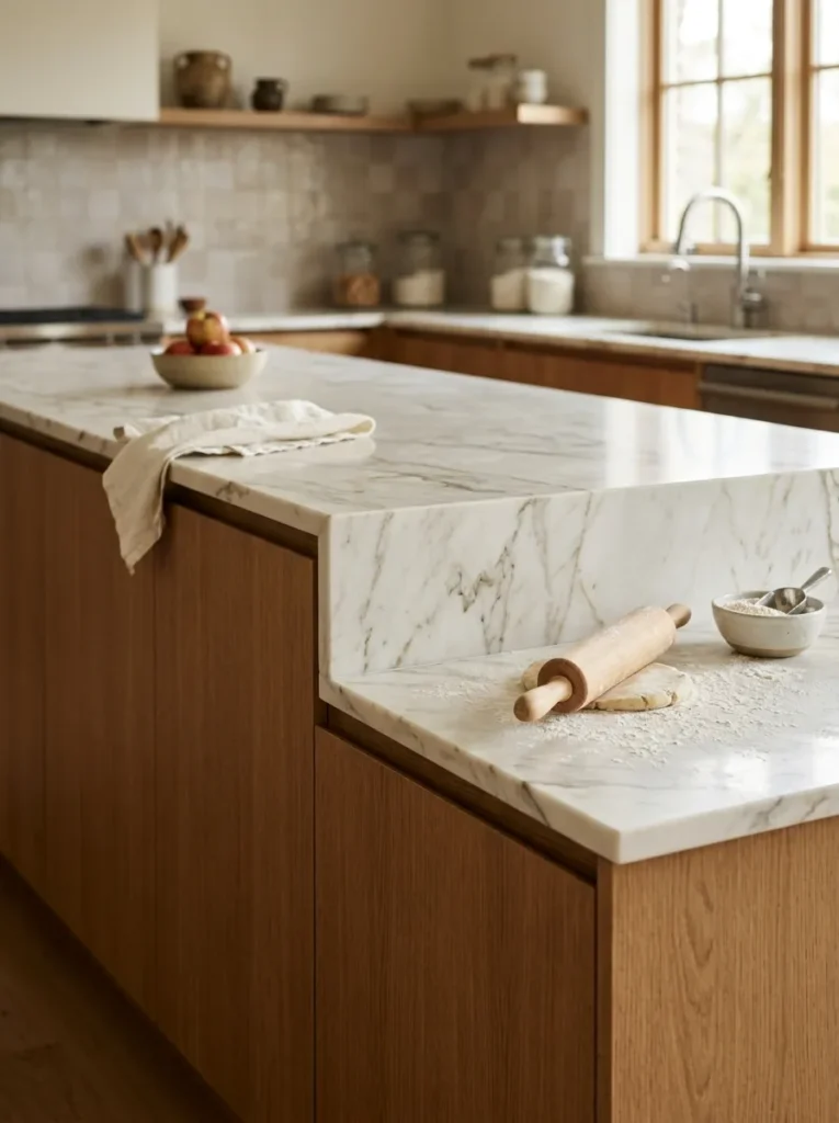 Kitchen island showing a lower baking counter section at one end with marble rolling surface and rolling pin, height differential visible in cabinetry profile