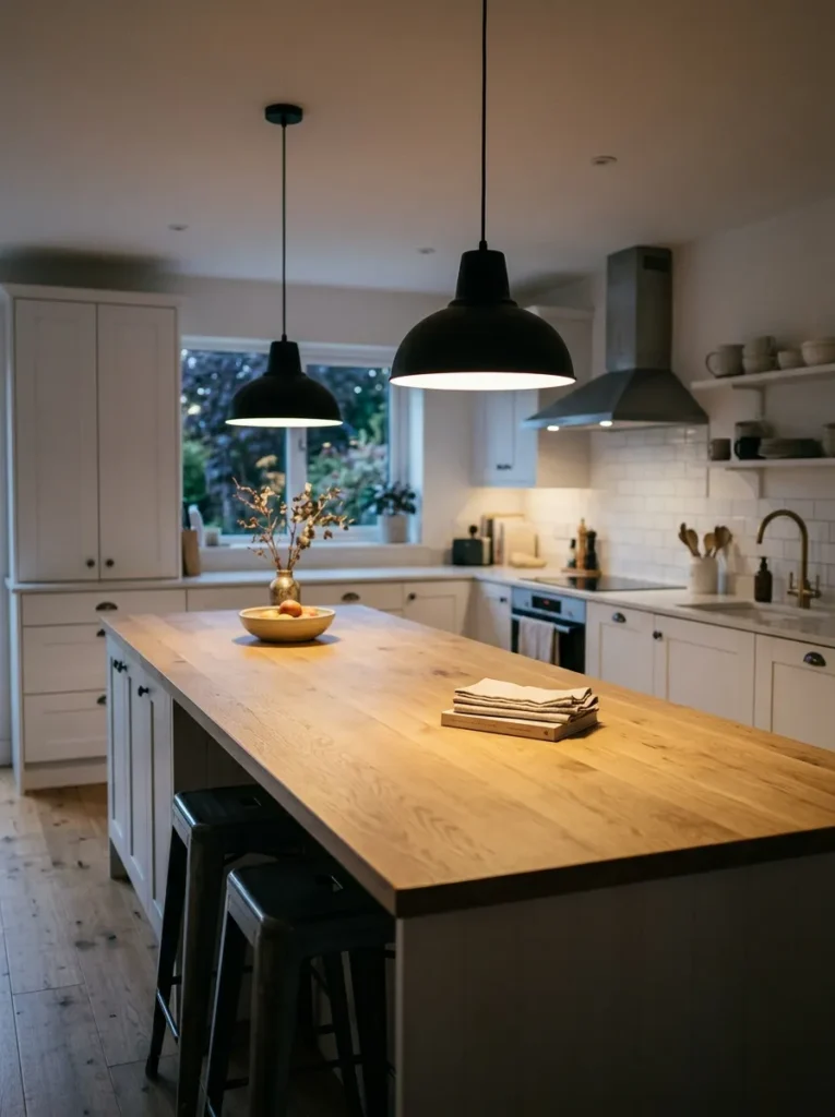 Kitchen island with two matte black factory pendant lights casting warm downward pools on an oak countertop in a Scandinavian kitchen