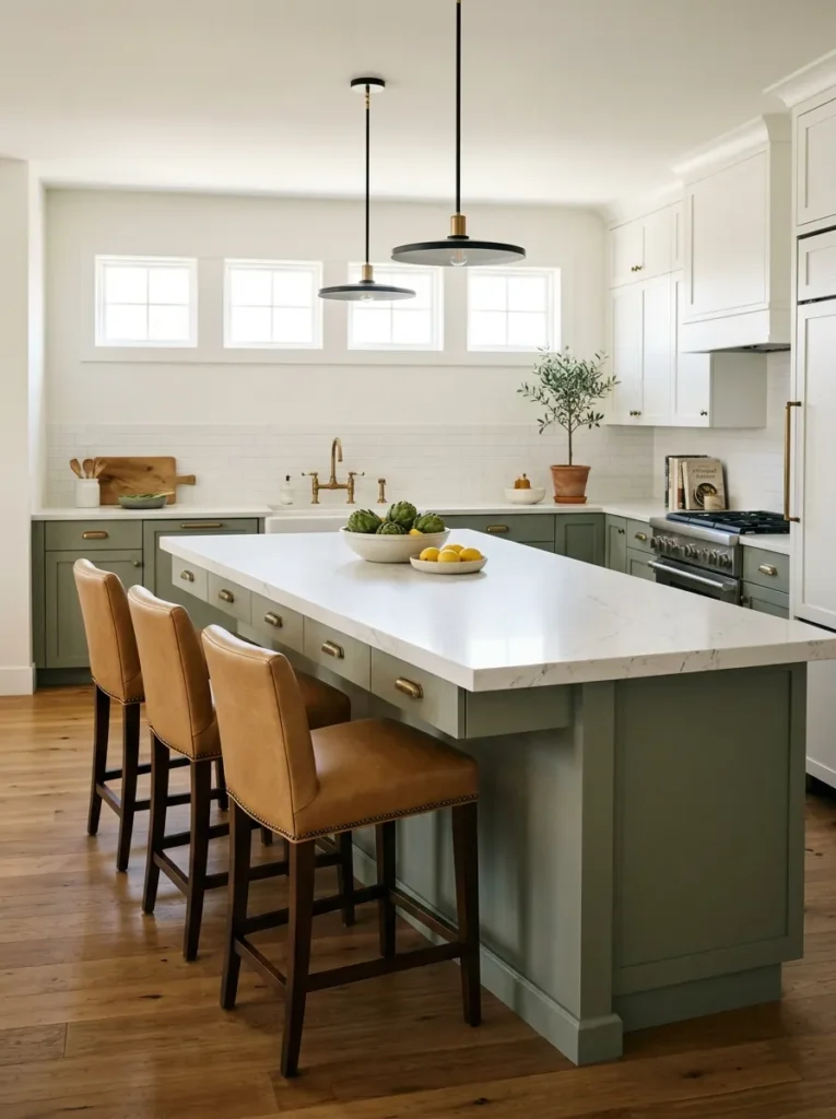 Long kitchen island with three counter stools along one side for social cooking