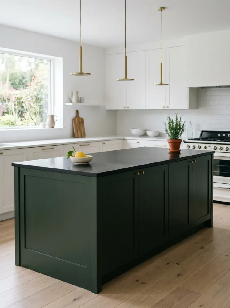 Kitchen island with a single ceramic bowl, a plant, and nothing else as intentional minimal styling
