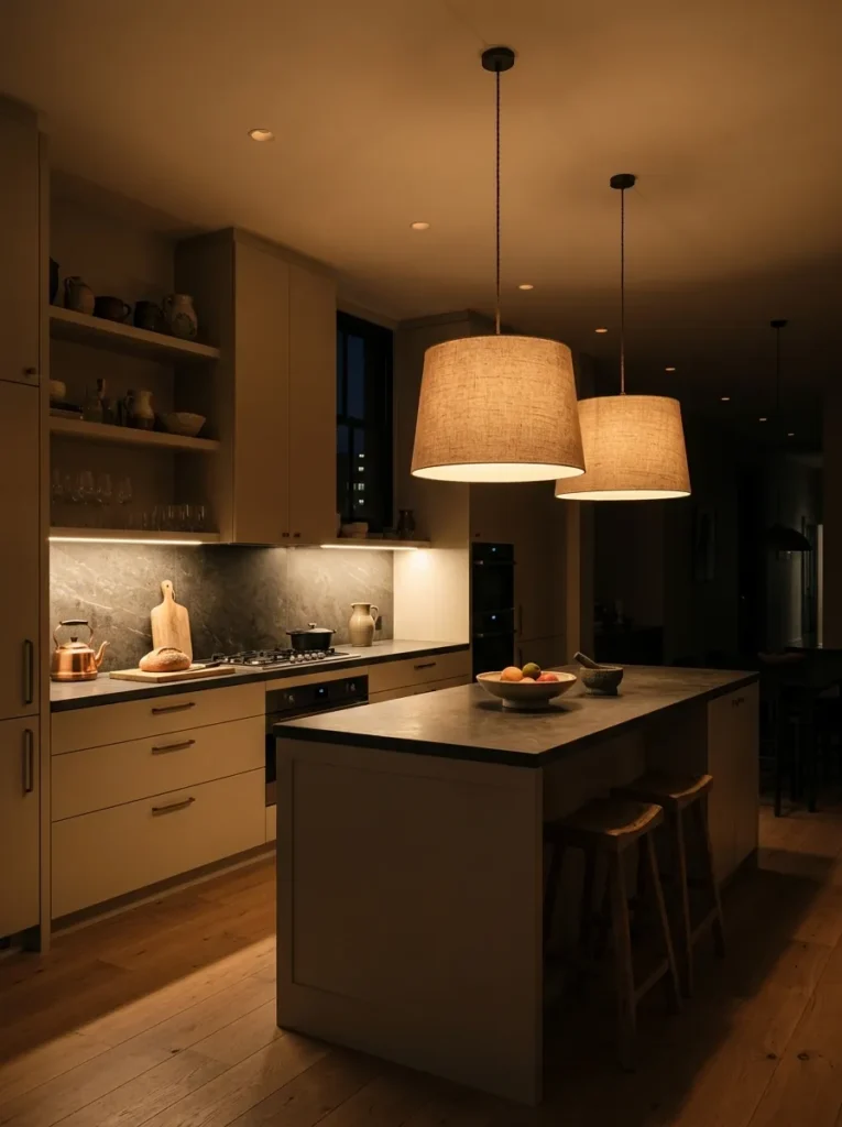 Kitchen at evening with three-layer lighting: under-cabinet LED strips, linen drum pendants over island, and dimmed ceiling spotlights