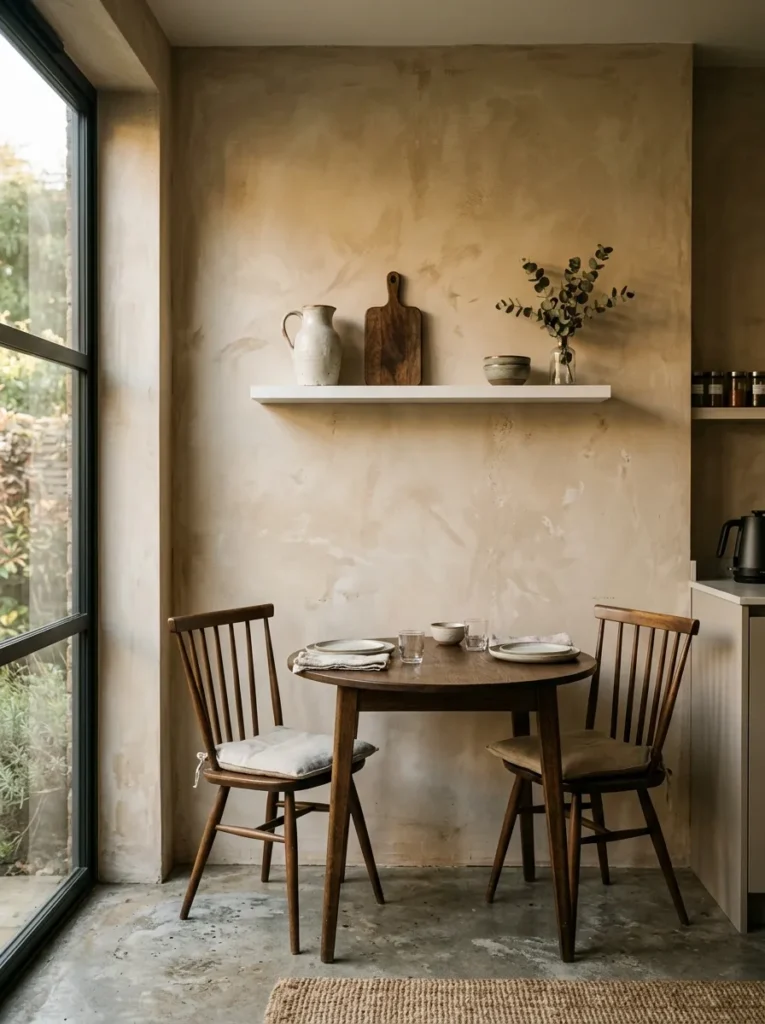 Kitchen dining end with a chalky clay-tone limewash wall, floating shelf, and warm late-afternoon light highlighting the plaster texture
