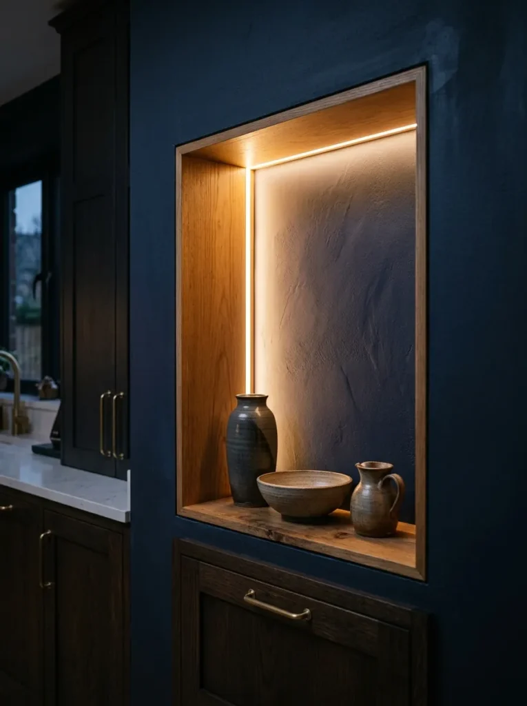 Recessed kitchen niche with warm LED strip lighting illuminating a small collection of ceramics from behind in low ambient light
