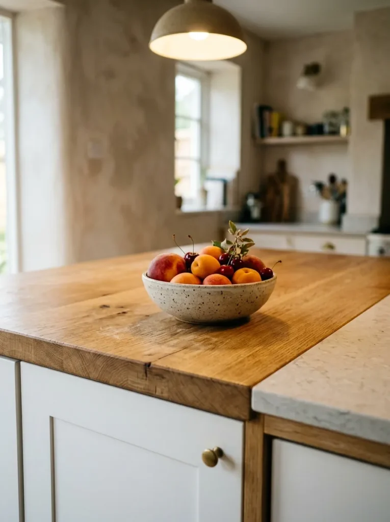 Close-up of a solid light oak butcher-block island countertop with visible grain beside white cabinet doors in a Scandinavian kitchen