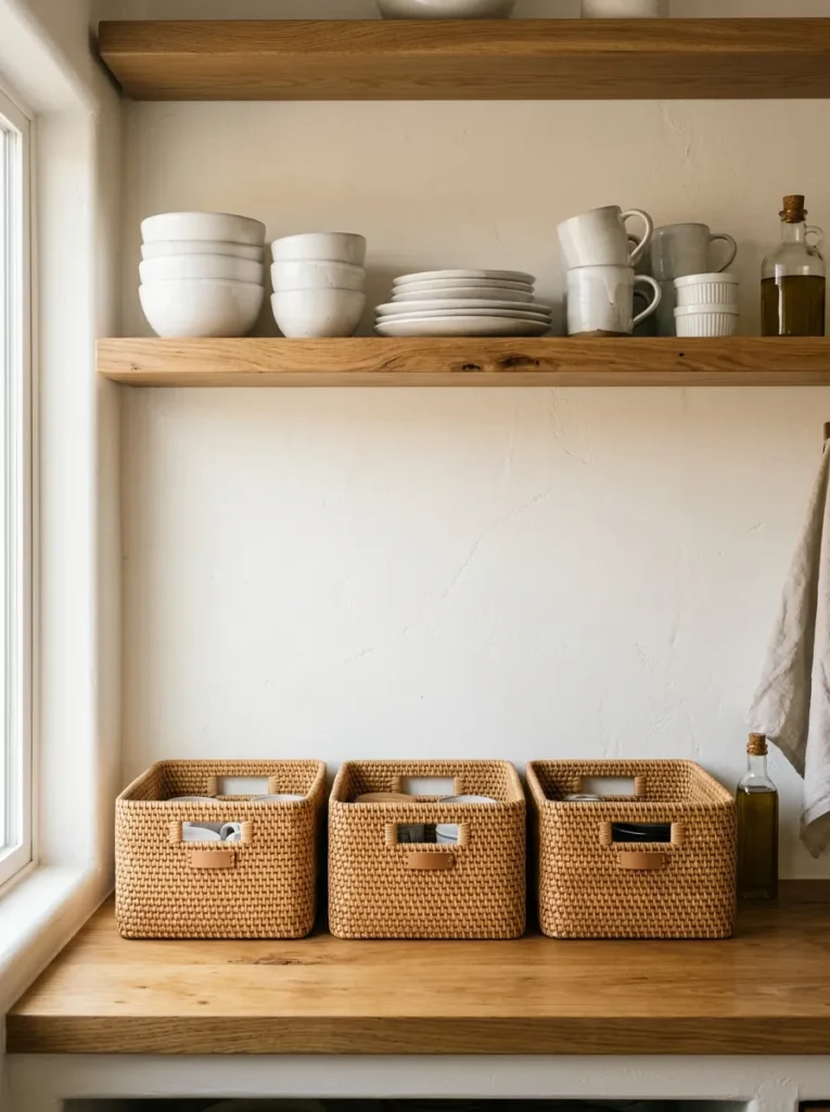 Three matching natural rattan baskets in a row on an open kitchen shelf below a display of stacked white ceramics