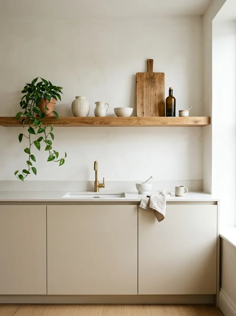 Contemporary kitchen with a single thick oak floating shelf holding curated ceramics and a cutting board in place of upper cabinets
