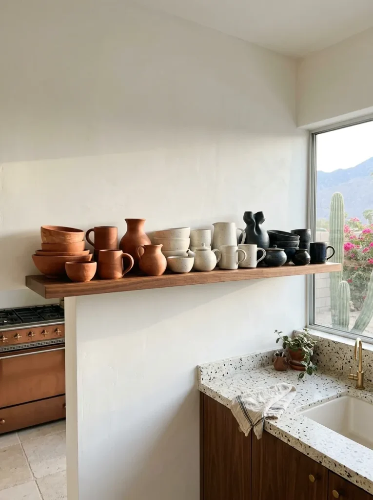 A single kitchen shelf with ceramics grouped by clay tone in a tonal gradient in a Palm Springs kitchen.