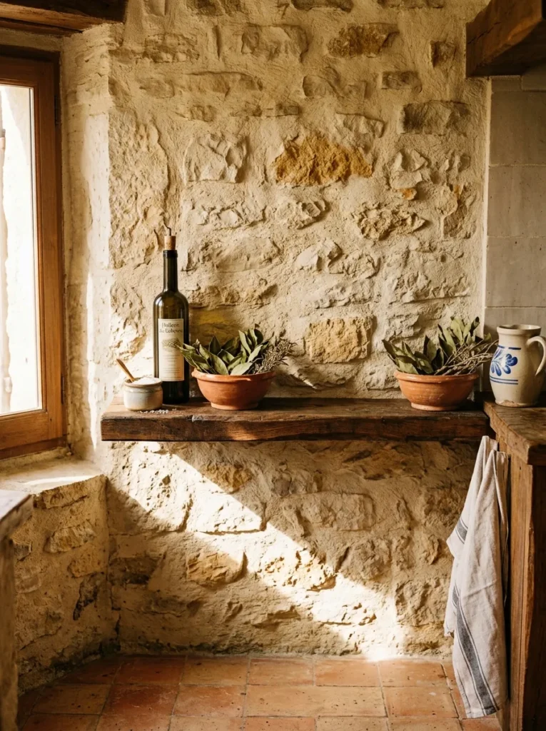 Five objects arranged in an odd grouping on a reclaimed chestnut shelf against a Provençal stone kitchen wall.